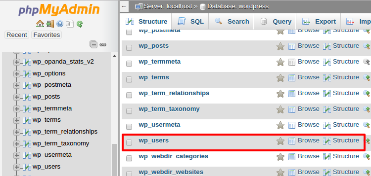Image of wordpress database wp users table phpsof