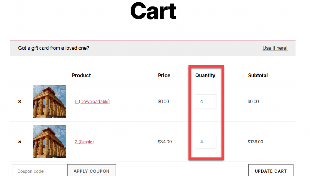 Image of increased cart quantities after learning how to sync product quantities at Cart