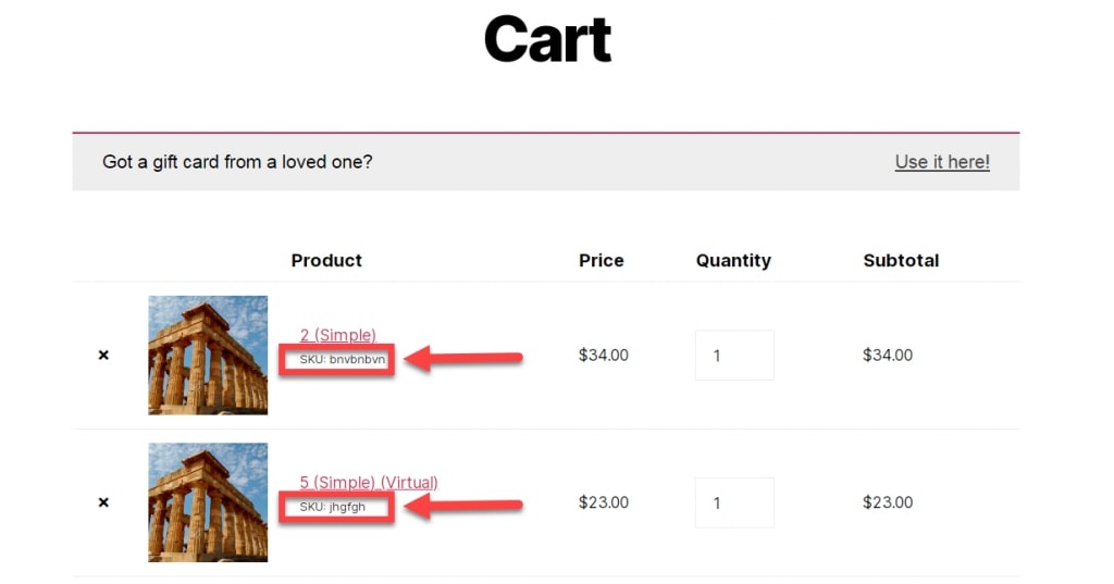 Image displaying WooCommerce show SKU at cart pages functionality