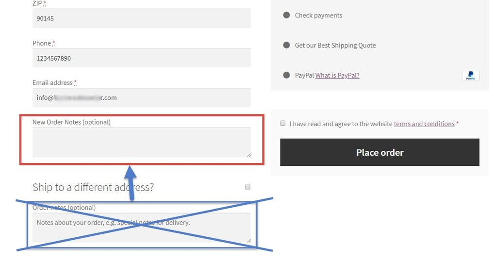 Image showing how to move order notes at checkout