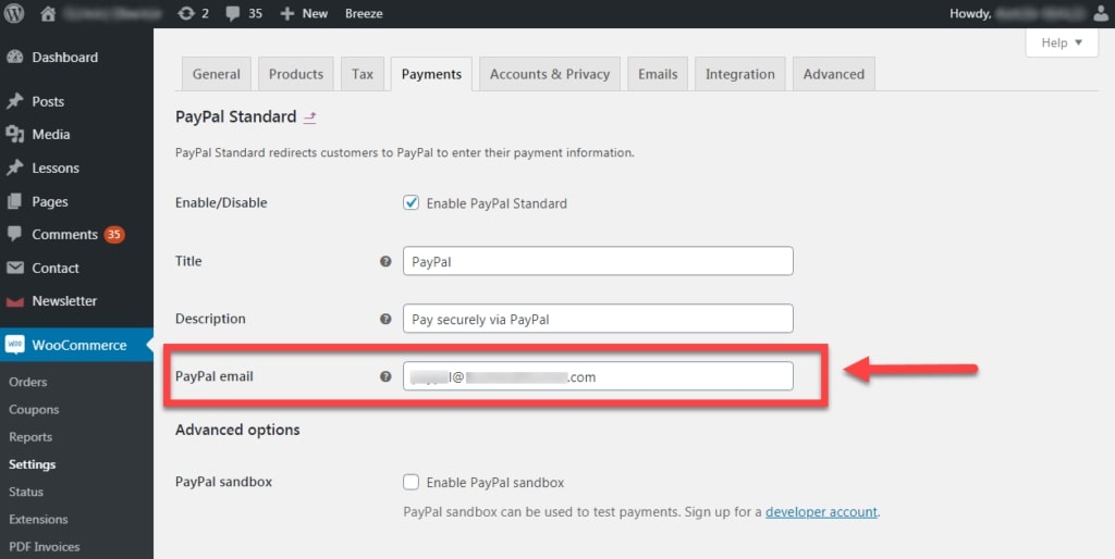 Image showing PayPal email for enabling WooCommerce Multiple PayPal Accounts