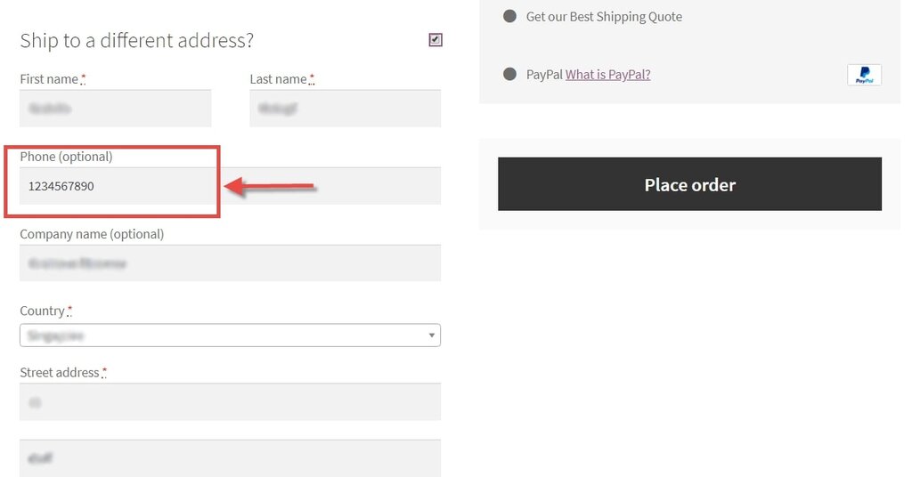 Image showing field that will be added after applying WooCommerce Add Shipping Phone at Checkout function