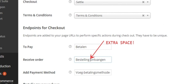 Image showing empty space between order and received in WooCommerce endpoint settings