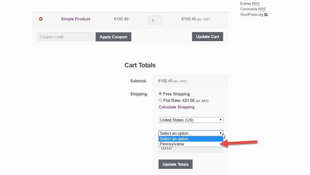 Image showing how to restrict shipping to only one state at cart shipping calculator