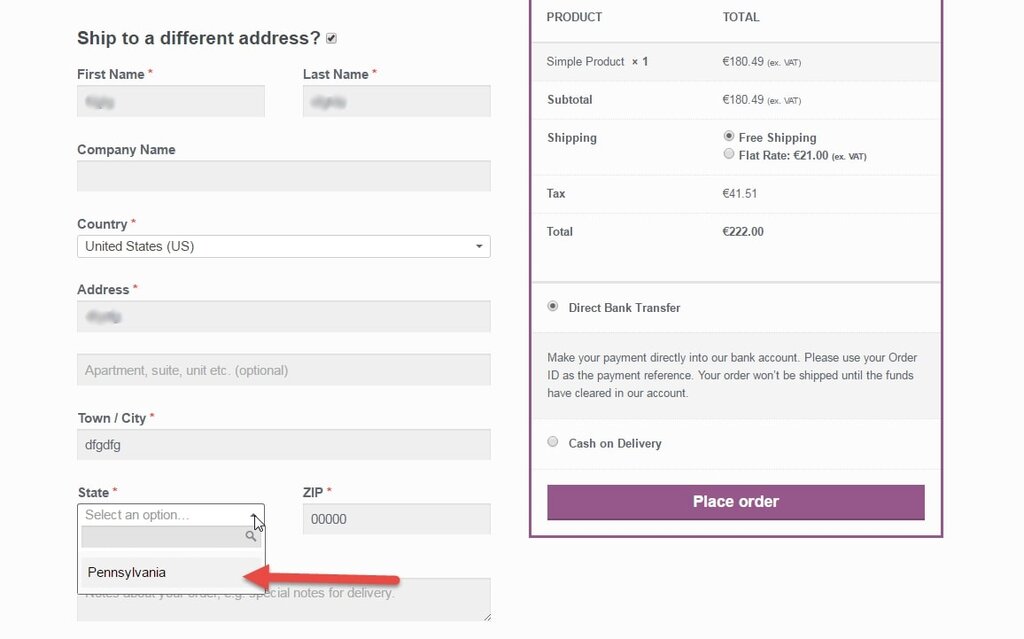 Image showing how to limit shipping for specific state at WooCommerce checkout page
