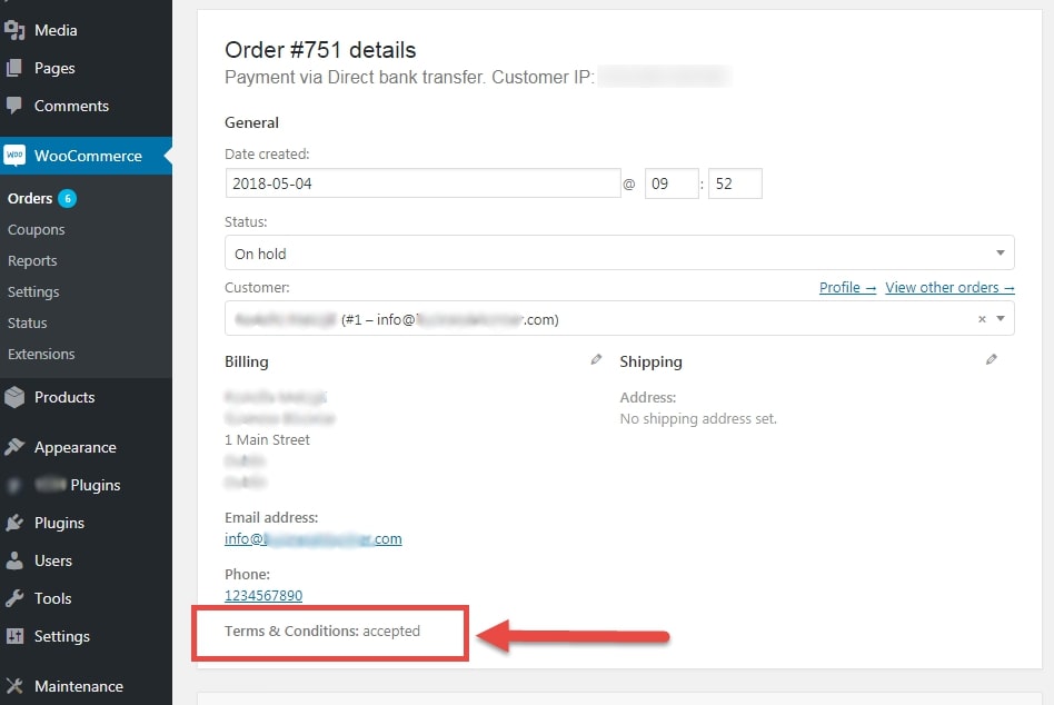 Image showing how to save terms & conditions acceptance at checkout and WooCommerce store admin